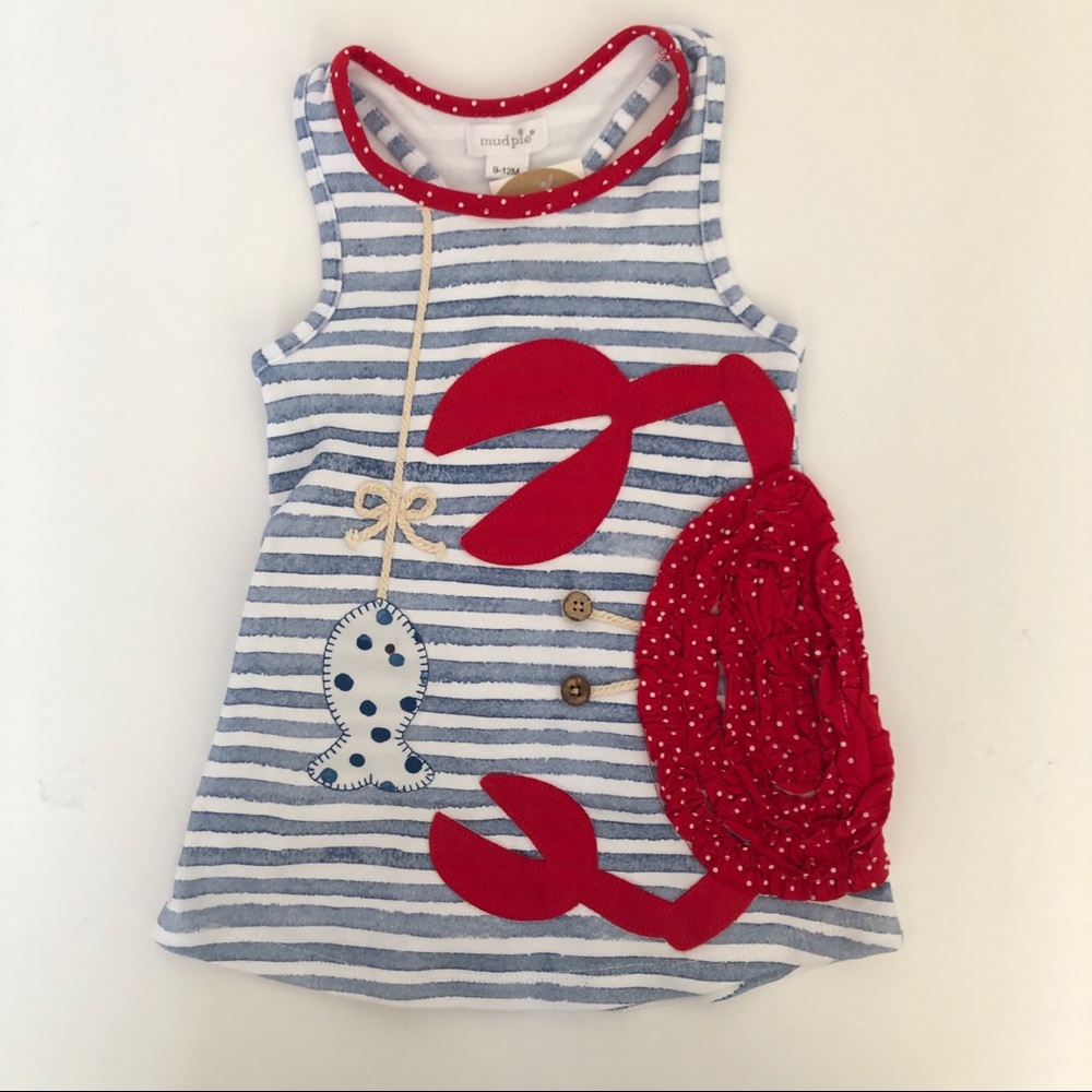 *Mud pie Infant blue & white strip Crab sleeveless Dress size 9-12mo